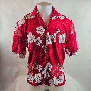 Hawaiian Shirt by Basix Mens XL Red Tropical Floral Aloha Button Up Rayon Beach